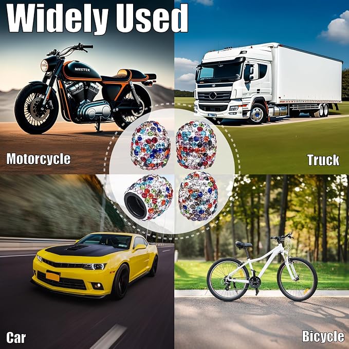 4PCS Bling Crystal Diamond Tire Stem Valve Caps, Dustproof Car Wheel Tire Valve Caps Universal Tire Valve Stem Covers for Cars, SUV, Trucks, Bikes, Motorcycles, Bicycles (White Colorful)