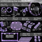 27 PCs Purple Violet Bling Car Accessories Set for Women, Steering Wheel Covers Universal Fit 15 Inch, Bling License Plate Frame, Bling Phone Holder, Bling Car Coasters