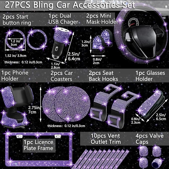 27 PCs Purple Violet Bling Car Accessories Set for Women, Steering Wheel Covers Universal Fit 15 Inch, Bling License Plate Frame, Bling Phone Holder, Bling Car Coasters