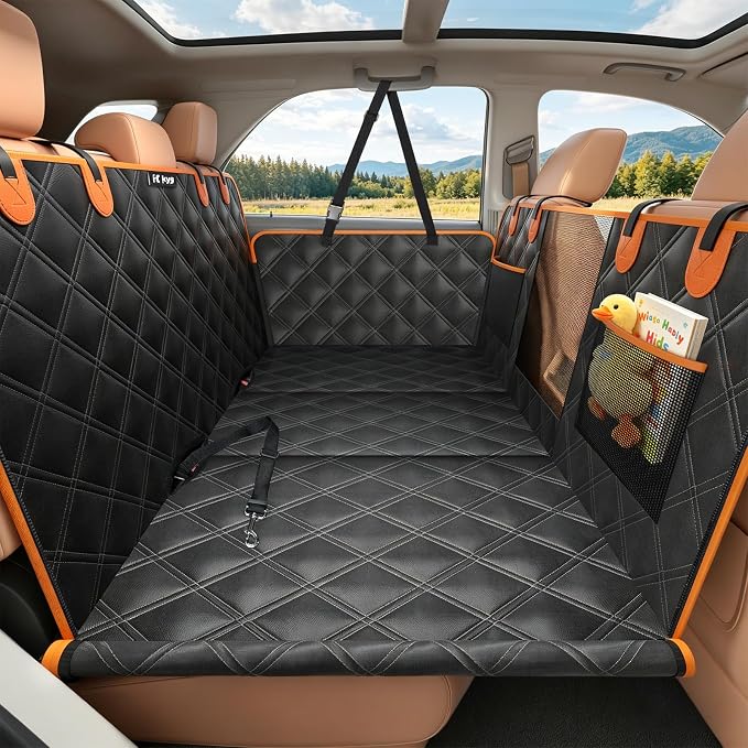 Back Seat Extender for Dogs, Hard Bottom Dog Car Seat Cover for Back Seat Waterproof with Mesh Window and Storage Pocket, Dog Hammock for for Full Size Truck SUV