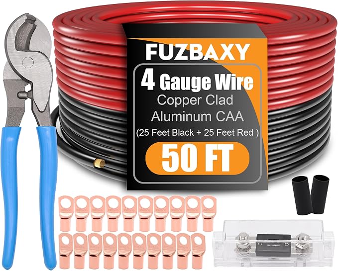 4 Gauge Wire (25 Feet Black+25 Feet Red) Copper Clad Aluminum Automotive Power Ground Cable Wire,20PCS Lugs Terminal Connectors,Heat Shrink Tubing,100A ANL Fuse with Cable Cutter