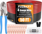 4 Gauge Wire (25 Feet Black+25 Feet Red) Copper Clad Aluminum Automotive Power Ground Cable Wire,20PCS Lugs Terminal Connectors,Heat Shrink Tubing,100A ANL Fuse with Cable Cutter