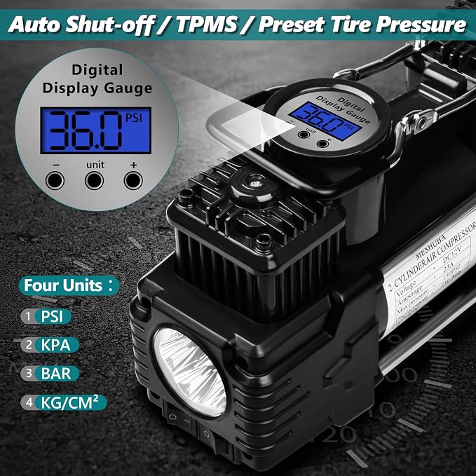 Dual Cylinder Portable Tire Inflator Air Compressor, 150 PSI 12V DC Air Pump with Digital Display, Emergency LED Light, Auto Shut-Off, Heavy Duty