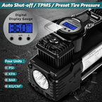 Dual Cylinder Portable Tire Inflator Air Compressor, 150 PSI 12V DC Air Pump with Digital Display, Emergency LED Light, Auto Shut-Off, Heavy Duty