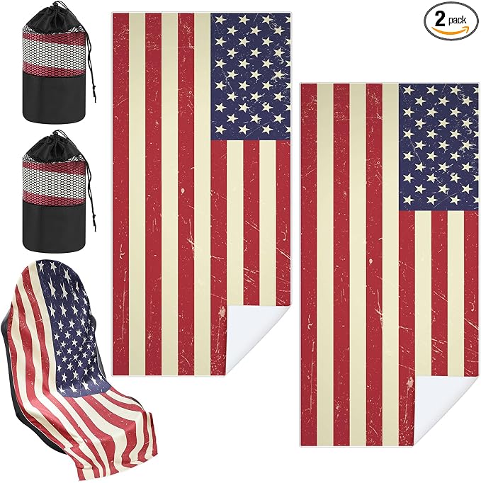 Car Seat Towel Covers with Storage Bag, 63 x 32 Inch Universal Non Slip Waterproof Sweat Protector for Car Truck, Gym Swimming Running, Machine Washable(2 Pack,American Flag)