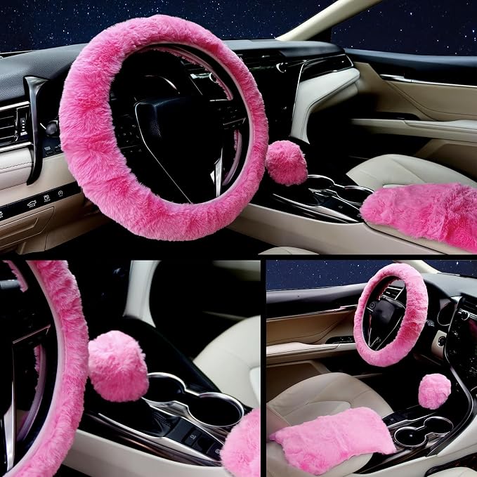 Furry Car Steering Wheel Cover with Fluffy Gear Shift Cover and Center Console Cover, Soft Warm Plush Non-Slip, 14 1/2-15 inch, for Women Girls 3 PCS Set, Pink