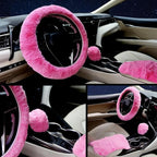 Furry Car Steering Wheel Cover with Fluffy Gear Shift Cover and Center Console Cover, Soft Warm Plush Non-Slip, 14 1/2-15 inch, for Women Girls 3 PCS Set, Pink