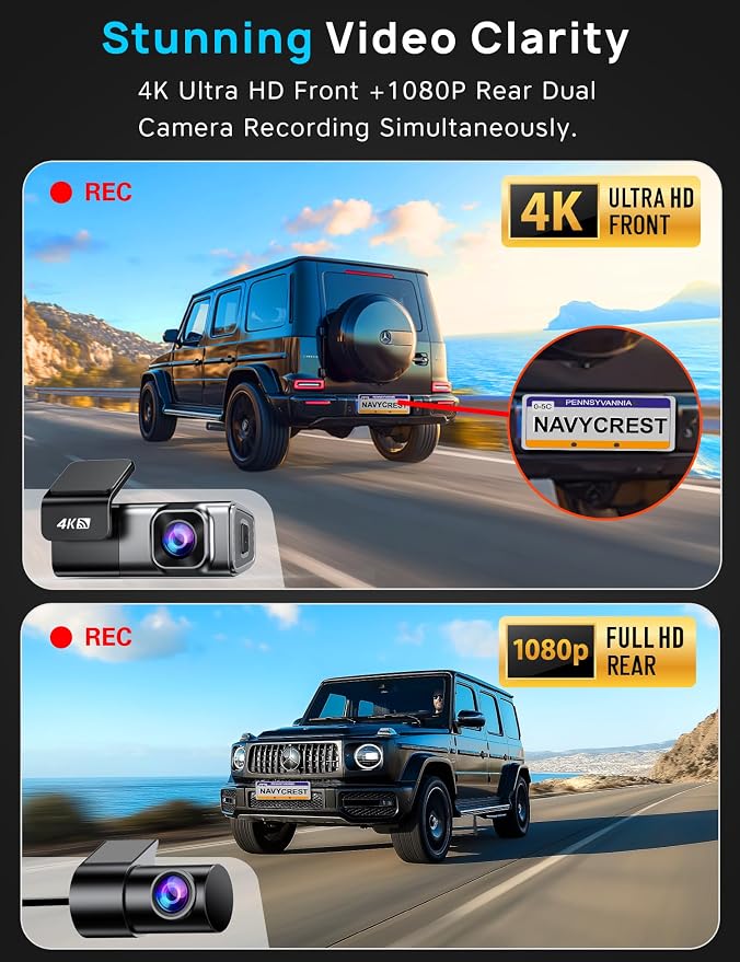 4K Dash Cam Front and Rear, Built-in 5G WiFi, Dash Camera for Cars 4K Front and 1080P Rear, Dashcams for Cars Loop Recording, Gravity Sensor, 24-Hours Parking Mode, SD Card NOT Included