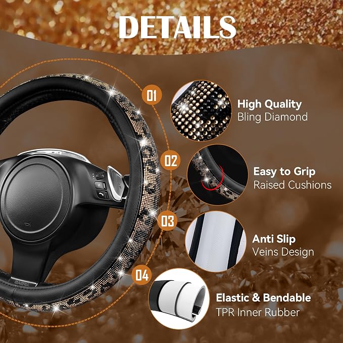Bling Diamond Steering Wheel Cover Leopard Pattern, Sparkly Crystal Glitter Rhinestones Black Leather Wheel Protect for Women Girl Fit Suvs,Vans,Sedans,Cars,Trucks, 14" 1/2-15" Gold Leopard