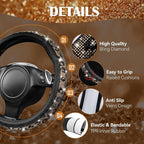 Bling Diamond Steering Wheel Cover Leopard Pattern, Sparkly Crystal Glitter Rhinestones Black Leather Wheel Protect for Women Girl Fit Suvs,Vans,Sedans,Cars,Trucks, 14" 1/2-15" Gold Leopard
