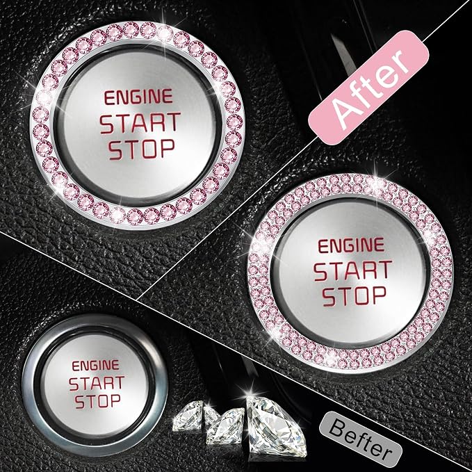 2 PCS Crystal Combinatorial Rhinestone Car Engine Start Decoration Ring, Push to Start Button Cover Sticker, Bling Car Interior Accessories for Women, Automotive Decals, Pink