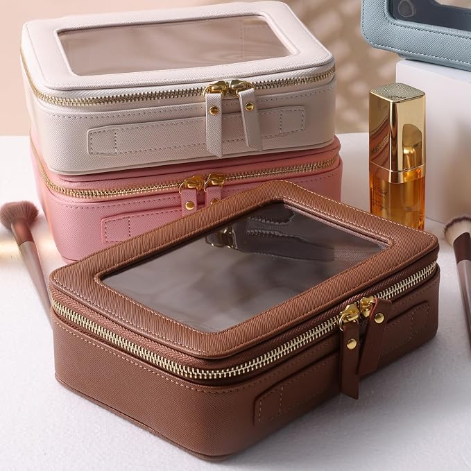 Toiletry bag waterproof cosmetic organizer with handle large opening for travelling car organizer (Brown)