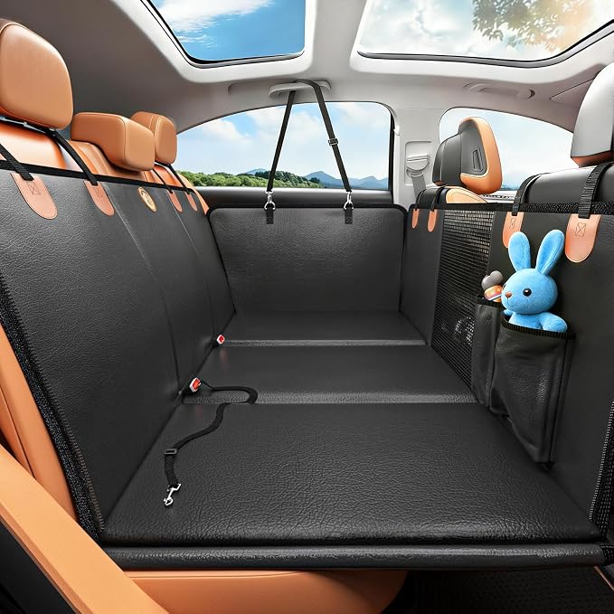 Back Seat Extender for Dogs, PU Leather Dog Car Seat Cover for Back Seat with Hard Bottom, 100% Waterproof, Scratch Proof and Anti Slip Dog Hammock for Car, Holds 400lbs