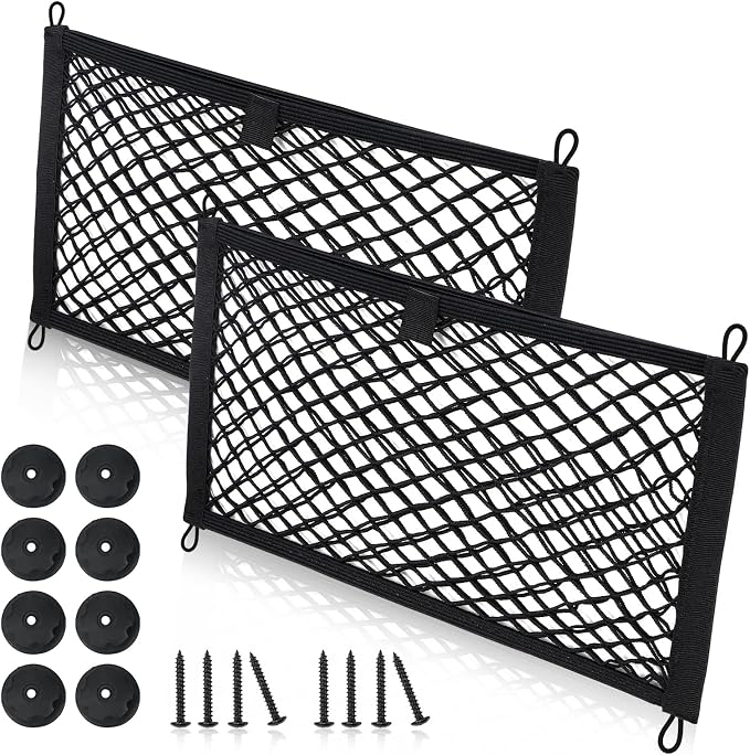 Universal Mesh Cargo Net for Car Trunk Storage,2 Pack Elastic Small Cargo Net Pocket Organizer Pouch Bag,Stretchable Automotive Cargo Nets with 8 Pieces Mounting Screws and Hooks for RV,SUV,Boats,Home