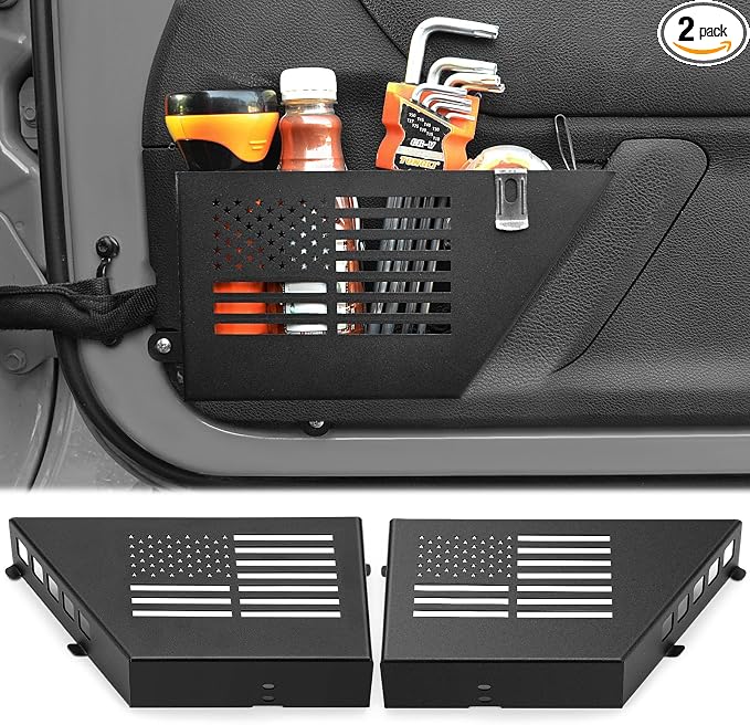 Metal Front Door Pocket Storage Box Compatible with 2007-2018 Jeep Wrangler JK JKU 2/4 Door, 2 PCS Interior Storage Expansion Accessories for Jeep Saggy Net Replacement