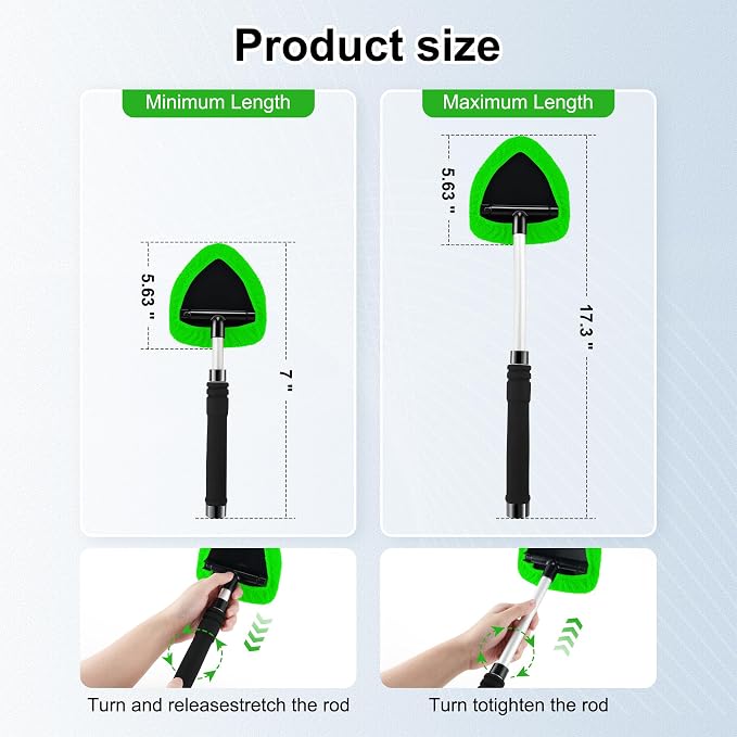 Windshield Cleaner Tool, Car Interior and Exterior Window Cleaning Kit with Extendable Handle & 4 Reusable Microfiber Pads, Auto Glass Wiper Brush Kit for Car & Home Windows (Green)