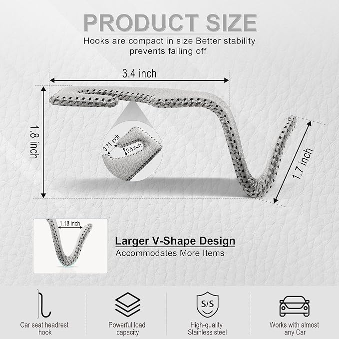 Gray Superior Leather Car Seat Back Headrest Hook, Auto Seat Hook Hangers Interior Accessories for Purse Coats Umbrellas Grocery Bags Handbag, 2-Pack