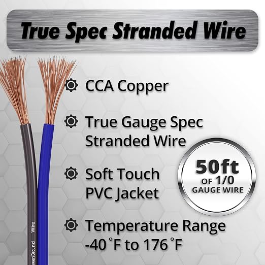 1/0 Gauge Wire (50ft) Copper Clad Aluminum CAA - Primary Automotive Wire, Car Amplifier Power, Ground & Battery Cable, Car Audio Speaker Stereo, RV Trailer Wiring Welding Cable 1/0ga