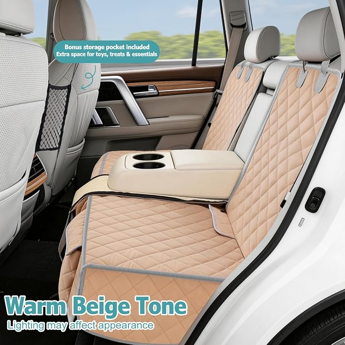 Dog Car Seat Cover for Back Seat,Armrest Compatible, Waterproof Backseat Protector, Nonslip Rear Seat Cover for Dogs & Kids, Universal Size Fits Cars Trucks SUVs (Beige)