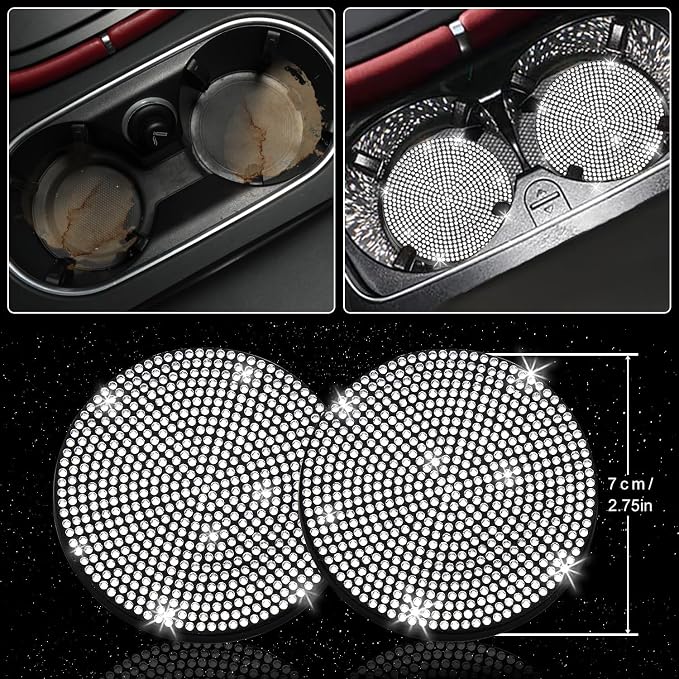 12 Pcs Bling Car Accessories Set for Women Car Floor Mats Full Set Steering Wheel Cover Seat Belt Covers Coasters Universal Fit Car SUV Truck Van Silver