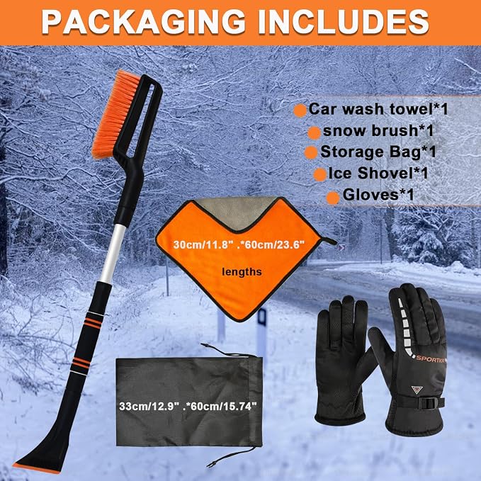 32 Inch Snow Brush - Aluminum Car Snow Scraper and Brush for Cars Windshield with Ergonomic Foam Grip for Snow Removal, Detachable Ice Scraper for Car