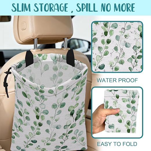Car Garbage Bag Watercolor Green Leaves Hanging Canvas Car Trash Bag Drawstring Car Back Seat Organizer for Car Back Front Seat Console with Adjustable Buckle