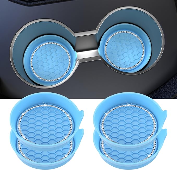 Car Cup Coaster Universal Non-Slip Cup Holders Bling Crystal Rhinestone Car Interior Accessories 4 Pack Light Blue