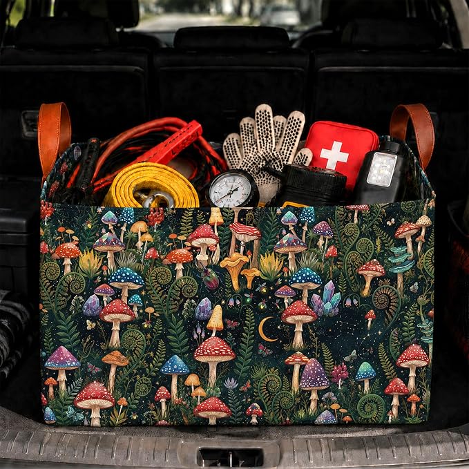 Mushroom Car Trunk Organizer,20L Collapsible Auto Storage Basket with Handles, Waterproof Reusable Shopping Grocery Bags for SUV, Truck,Mushrooms Cars Boot Organizer Gifts for Women Men Drivers