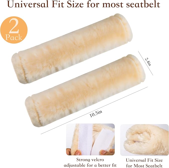 Soft Faux Fur Universal Fit Seatbelt Cover Car Truck SUV Airplane Seat Belt Shoulder Pad for Carmera Backpack Straps Neck Cushion Protector 2 Pack 10.5in Beige
