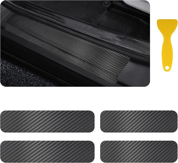 4PCS Car Door Sill Protector with Scraper,Carbon Fiber Car Door Protector Edge Guards for Front Rear Door Sills,Universal Anti-Scratch Car Door Threshold Strips (4D Black)