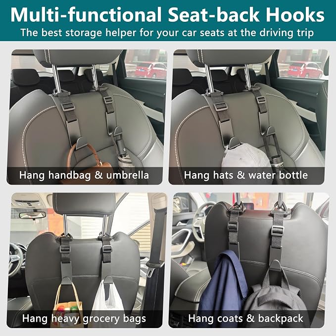 Headrest Hooks for Car Adjustable 4 Pack Vehicle Seat Back Organizer Storage Hanger Holder for Purse Bags Universal Fit with Clip Black