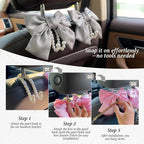 2PCS Satin Bow Pearl Car Seat Headrest Hooks – Car Bag Holder & Vehicle Hanger for Purses – Cute Coquette Aesthetic Interior Decoration – Cute Auto Organizer Accessories Universal (Moonlight Grey)