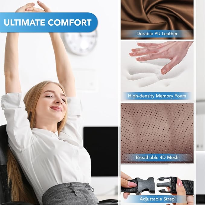 Lumbar Support Pillow for Car, Car Seat Back Support for Driving | Memory Foam Car Lumbar Support for Driving Seat, Car Back Cushion, Adjustable Straps, Lower Back Pillow, PU Leather, Brown