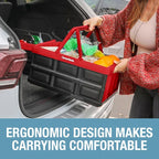 Collapsible Shopping Basket 32L – Folding Grocery Basket with Handles, Stackable Reusable Storage Crate with 35 lb Capacity, Recycled Plastic, Car Trunk Organizer - Red
