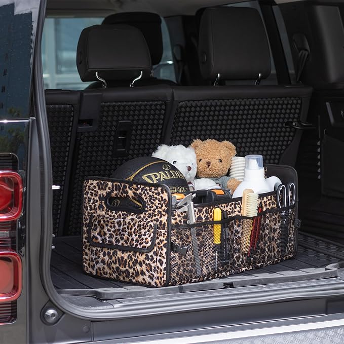 Car Trunk Organizers and Storage Collapsible Multi Compartment Container Box, Adjustable Car Accessories for SUV Sedan Truck, Large Size, Leopard Print