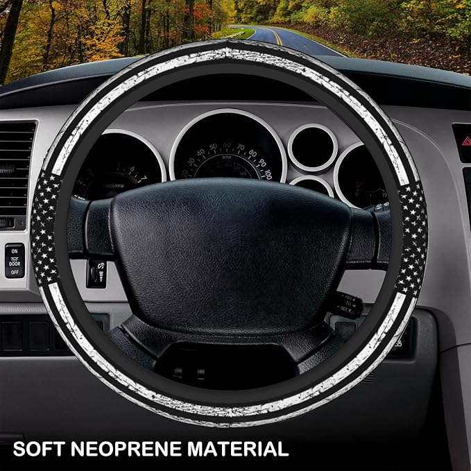 Black White American Flag Elastic Steering Wheel Cover, Non-Slip Breathable Neoprene Steering Wheel Covers, Men Car Accessories, Universal 15 Inch Fit Auto, Suvs, Truck
