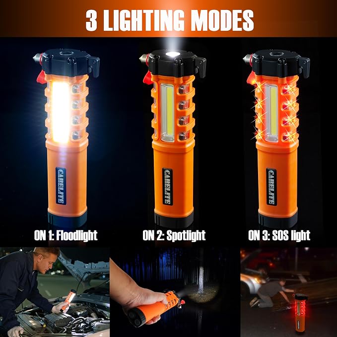 Emergency Car Flashlight with Seatbelt Cutter and Window Breaker, LED Work Light & Flash Beacon, Life-Saving Car Escape Tool for Roadside Safety (Orange)