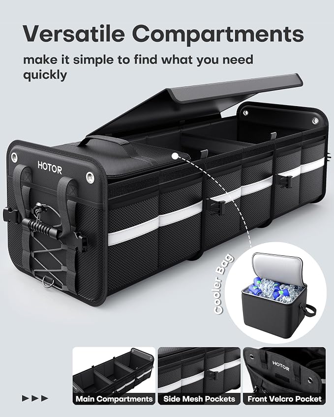 Trunk Organizer - 3-Compartment Car Organizer and Storage with Cooler Bag, Foldable Car Storage Organizer for SUV with Handles & Strap for Shopping, Picnic, 37.0" x 14.6" x 12.0", Black