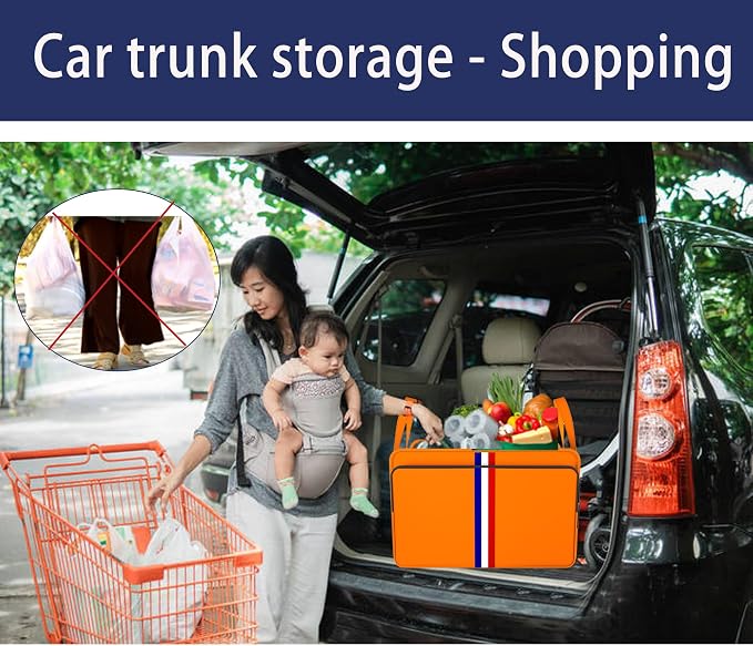 Trunk Organizer for Car, Waterproof Collapsible 3 Compartments Car Organizer, Foldable Storage for Car Accessories, Tools, Sundries for Women Men, Tote Bag (Orange, Standard)