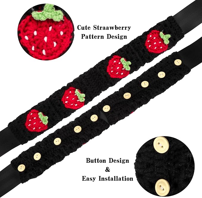 Crochet Steering Wheel Cover Set,Cute Car Steering Wheel Cover Boho 14-15in,Black Strawberry Granny Square, Hippie Car Accessories for Women(Black Strawberry Cover Set)