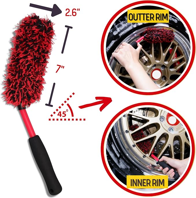 Angled Wheel Brush Kit 3 Pack- Angled Microfiber Wheel Brush, Wheel Barrel Brush, Detailing Brush Scratch Free Calipers Wool Spoke Brush Cleans Brake Dust from Barrels& Hard to Reach Areas