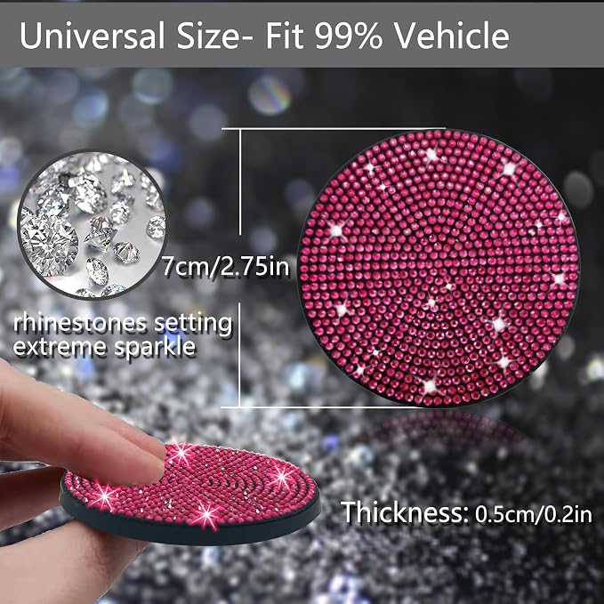 2pcs Bling Car Cup Holder Coaster, 2.75 inch Anti-Slip Shockproof Universal Fashion Car Coasters Insert Bling Crystal Rhinestone Automotive Interior Accessories for Women (2 pcs, Rose Red)