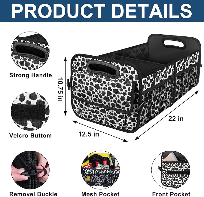 Trunk Organziers and Storage with Reinforced Handles,Car Accessories for Women/Men 50L Waterproof Polyester Trunk Organzier for Car/SUV/Minivan/Truck(Medium, Cow print)