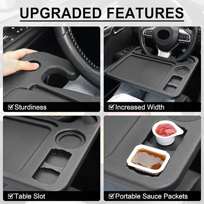 4 In 1 Car Steering Wheel Desk for Laptop,Versatile Upgraded Car Seat Tray, Spacious Steering Wheel Table With Tablet Holder and Dual Sauce Racks,Steering Wheel Under Table Console (Large)