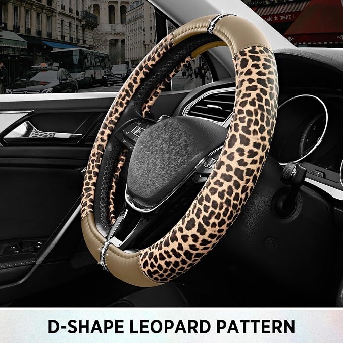 Leopard Steering Wheel Cover for Women, Cute Anti-Slip Microfiber Leather, Fits D Shape Flat Bottom Steering Wheel 14.5-15 Inch - Beige