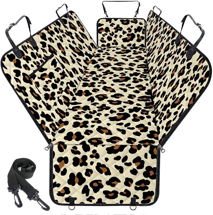 Waterproof Dog Car Seat Cover for Back Seat, Pet Hammock- S, Leopard/Black | Durable waterproof hammock with nonslip design & storage pockets. Protects seats from scratches, fits cars, SUVs & trucks.