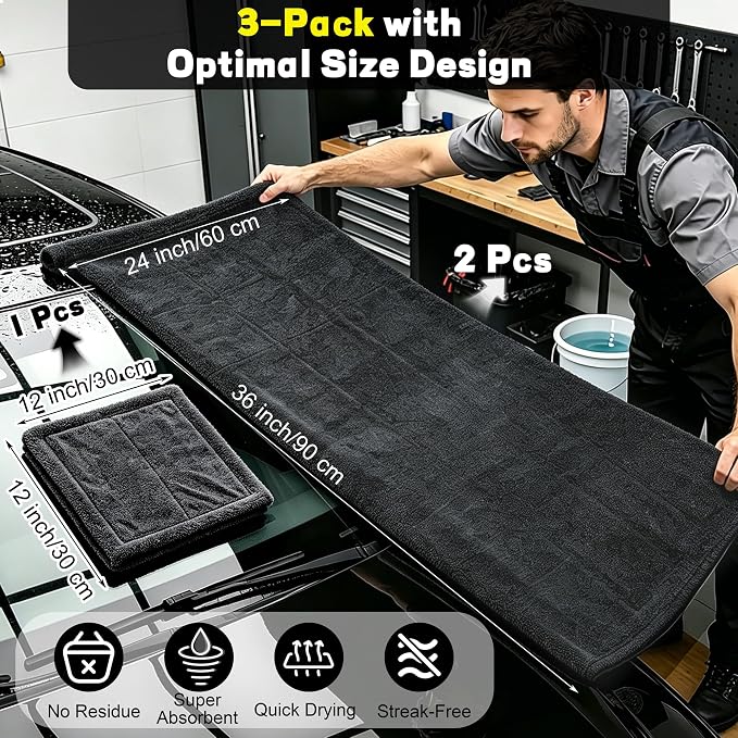 3 Pack Car Drying Towel, 1200GSM Microfiber Towels for Cars | 24 x 36 Inch & 12 x 12 Inch Super Absorbent Detailing Towels Dual Sided Streak-Free Twisted Loop for Auto SUV Truck Boat Home
