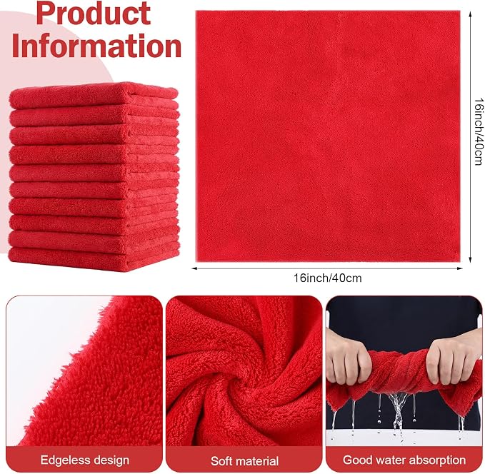 15 Pcs Car Microfiber Towels Buffing Drying Wash Cleaning Cloths Plush Large Towels Thick Care Polishing Detailing Waxing Scratch Proof Towel, 15.75 x 15.75 Inch (Red)
