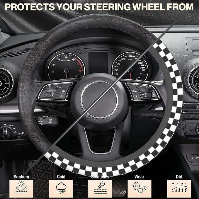 Checkerboard Steering Wheel Cover, Black and White Anti-Slip Universal Car Steering Wheel Cover, Checkerboard Race Soft Breathable Neoprene 15 Inch Car Accessories Case fit for Cars Auto SUVs
