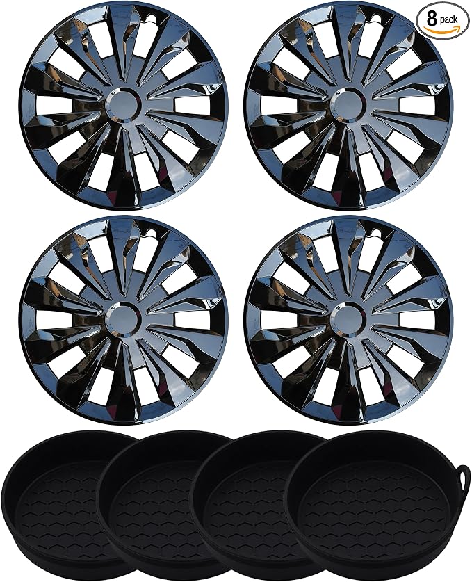 Hubcap Wheel Cover Universal-Fit R16 Steel Wheel with Cup Coaster Kit | Stylish Hub Caps Iron Wheel Rims Cover ABS Tire Cap Upgrade Your Cars Trucks Sedans SUV Vans-Set of 4（16-inch Kit，Black）